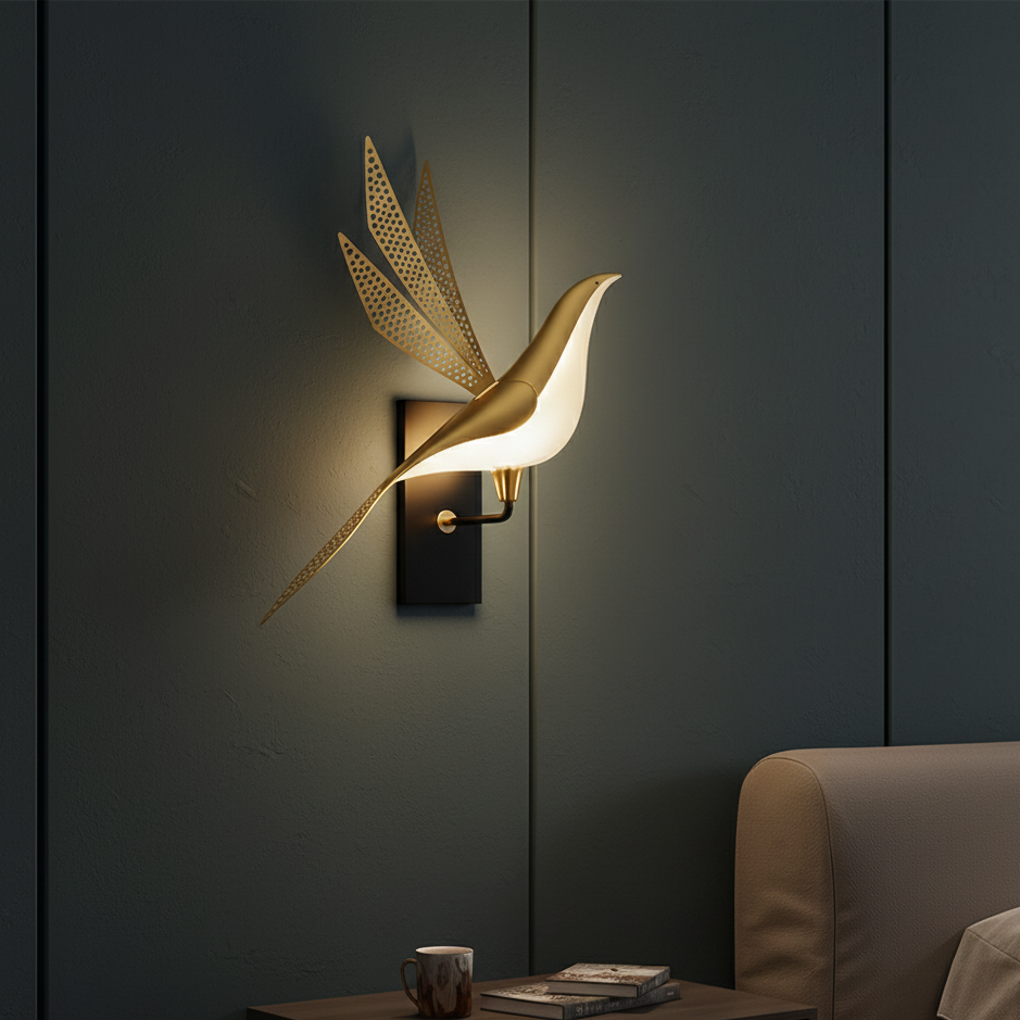 Nowoczesna lampa ścienna w kształcie ptaka do sypialni | Złota