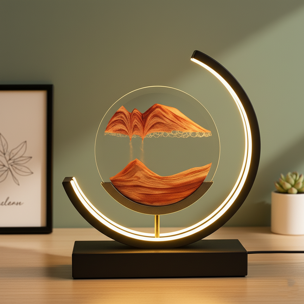 Nowoczesna lampa stołowa LED z piaskiem 3D na baterie | Szkło