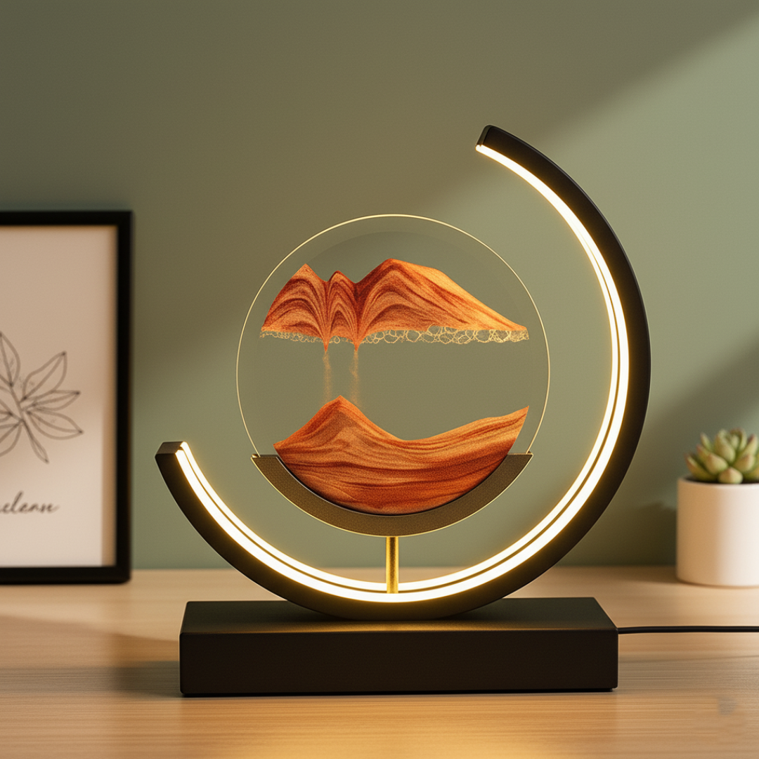 Nowoczesna lampa stołowa LED z piaskiem 3D na baterie | Szkło